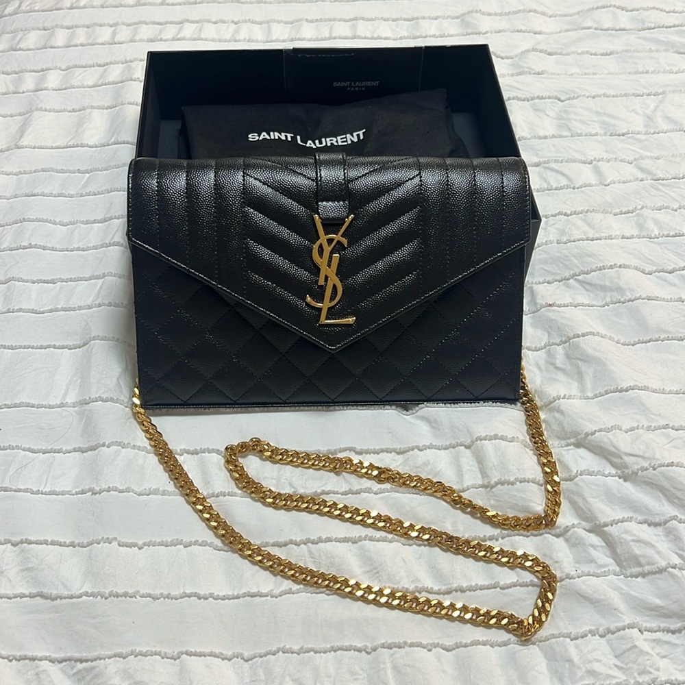 Saint Laurent, Envelope Triquilt YSL Wallet on Chain in Grained Leather